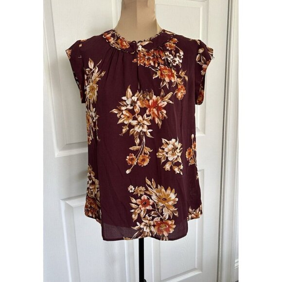 Daniel Rainn Stitch Fix Cap Sleeve Open Neck Burgundy Floral Semi Sheer Top PXS - Picture 1 of 7
